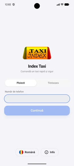 Aplicația de client, ecranul de intrare: sigla dispeceratului, alegerea orașului și câmpul pentru numărul de telefon